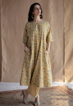 Anu Yellow Ajrakh Cotton A Line Kurta with Hand Embroidery