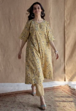 Anu Yellow Ajrakh Cotton A Line Kurta with Hand Embroidery