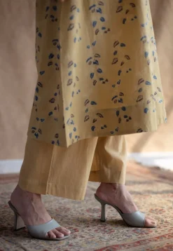 Anu Yellow Ajrakh Cotton A Line Kurta with Hand Embroidery