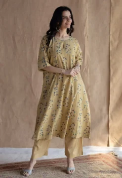 Anu Yellow Ajrakh Cotton A Line Kurta with Hand Embroidery