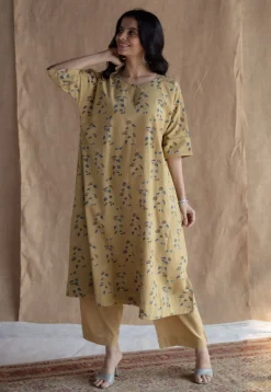 Anu Yellow Ajrakh Cotton A Line Kurta with Hand Embroidery