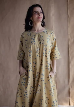 Anu Yellow Ajrakh Cotton A Line Kurta with Hand Embroidery