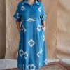Arham Blue A Line Dabu Slub Cotton Dress