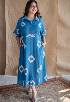 Arham Blue A Line Dabu Slub Cotton Dress