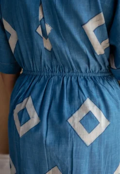 Arham Blue A Line Dabu Slub Cotton Dress