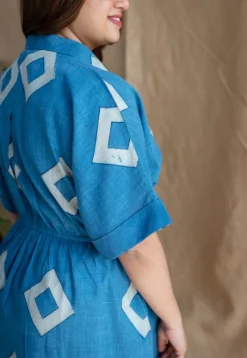 Arham Blue A Line Dabu Slub Cotton Dress