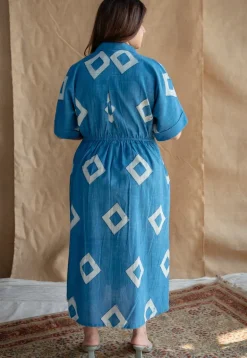 Arham Blue A Line Dabu Slub Cotton Dress