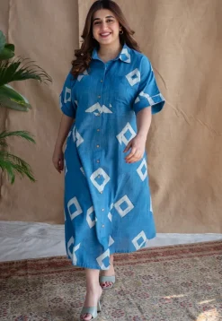 Arham Blue A Line Dabu Slub Cotton Dress