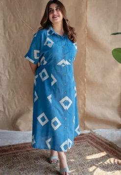 Arham Blue A Line Dabu Slub Cotton Dress