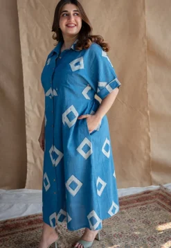 Arham Blue A Line Dabu Slub Cotton Dress