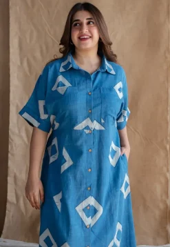 Arham Blue A Line Dabu Slub Cotton Dress