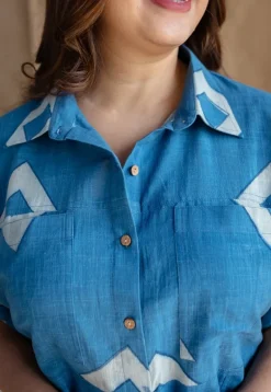 Arham Blue A Line Dabu Slub Cotton Dress