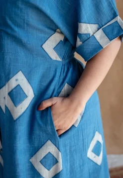 Arham Blue A Line Dabu Slub Cotton Dress