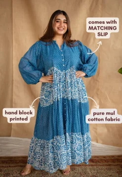 Arina Batik Natural Dyed MulMul Cotton Dress with Slip