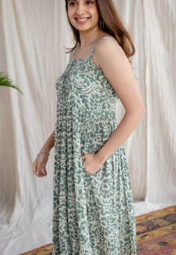 Ashvi Green Batik MulMul Cotton A Line Dress