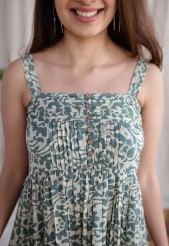 Ashvi Green Batik MulMul Cotton A Line Dress