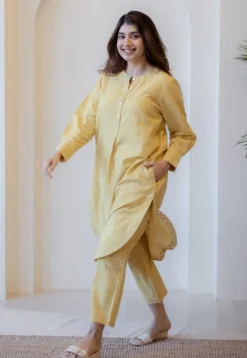 Asma Mustard Hand Block Print Slub Cotton A Line Kurta with Hand Embroidery