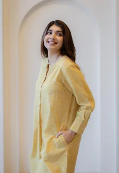 Asma Mustard Hand Block Print Slub Cotton A Line Kurta with Hand Embroidery