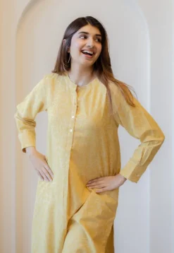 Asma Mustard Hand Block Print Slub Cotton A Line Kurta with Hand Embroidery