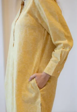 Asma Mustard Hand Block Print Slub Cotton A Line Kurta with Hand Embroidery