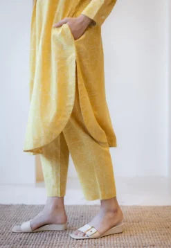 Asma Mustard Hand Block Print Slub Cotton A Line Kurta with Hand Embroidery