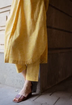 Asma Mustard Hand Block Print Slub Cotton A Line Kurta with Hand Embroidery