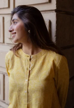 Asma Mustard Hand Block Print Slub Cotton A Line Kurta with Hand Embroidery