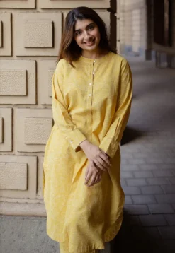 Asma Mustard Hand Block Print Slub Cotton A Line Kurta with Hand Embroidery
