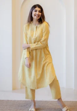 Asma Mustard Hand Block Print Slub Cotton A Line Kurta with Hand Embroidery