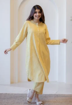 Asma Mustard Hand Block Print Slub Cotton A Line Kurta with Hand Embroidery
