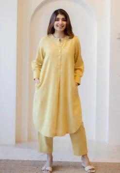 Asma Mustard Hand Block Print Slub Cotton A Line Kurta with Hand Embroidery