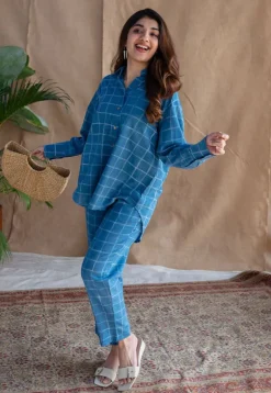 Atifa Indigo Dabu Slub Cotton Straight Pant