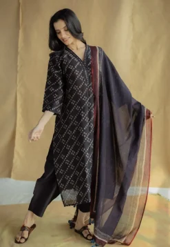 Avika Black Ajrakh Chanderi Silk Straight Kurta with Hand Embroidery