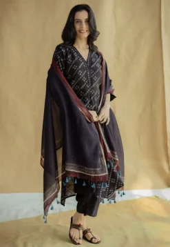 Avika Black Ajrakh Chanderi Silk Straight Kurta with Hand Embroidery