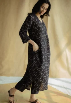Avika Black Ajrakh Chanderi Silk Straight Kurta with Hand Embroidery