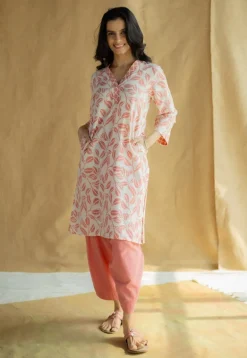 Avika Coral Hand Block Print Slub Cotton Straight Kurta