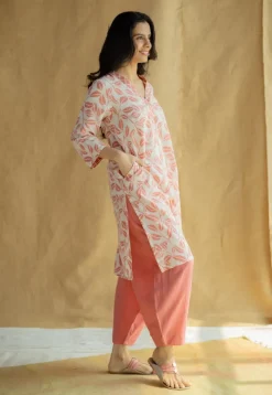 Avika Coral Hand Block Print Slub Cotton Straight Kurta