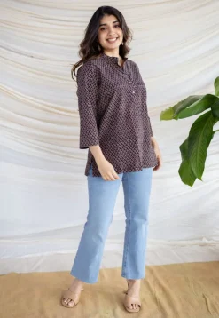 Avita Brown Ajrakh Cotton Straight Short Top