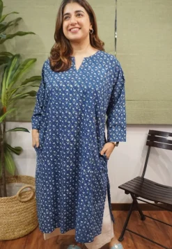 Ayrin Indigo Dabu Cotton Jhabba Kali Kurta