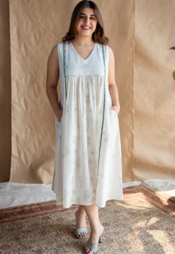 Ayzal Dabu Slub Cotton Hand Embroidered Dress