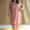 Azha Coral Hand Block Print Slub Cotton Straight Kurta with Hand Embroidery