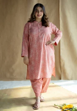 Azha Coral Hand Block Print Slub Cotton Straight Kurta with Hand Embroidery