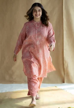Azha Coral Hand Block Print Slub Cotton Straight Kurta with Hand Embroidery
