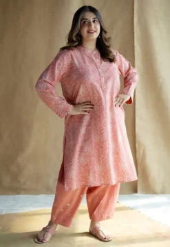 Azha Coral Hand Block Print Slub Cotton Straight Kurta with Hand Embroidery