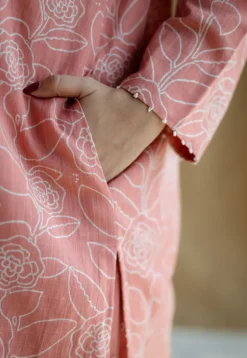 Azha Coral Hand Block Print Slub Cotton Straight Kurta with Hand Embroidery