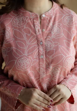 Azha Coral Hand Block Print Slub Cotton Straight Kurta with Hand Embroidery