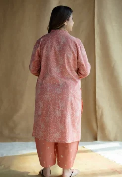 Azha Coral Hand Block Print Slub Cotton Straight Kurta with Hand Embroidery