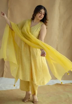 Aziza Mustard Hand Block Print Slub Cotton A Line Kurta