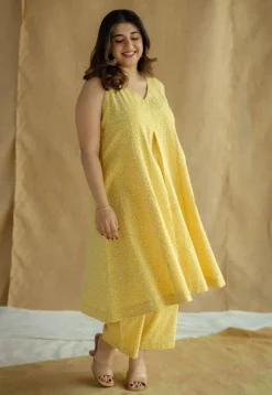 Aziza Mustard Hand Block Print Slub Cotton A Line Kurta