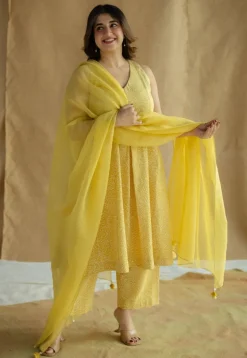 Aziza Mustard Hand Block Print Slub Cotton A Line Kurta